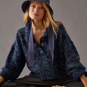 Anthropologie Pilcro Mega Henley Sweater Small Navy Blue Pullover Button Cozy